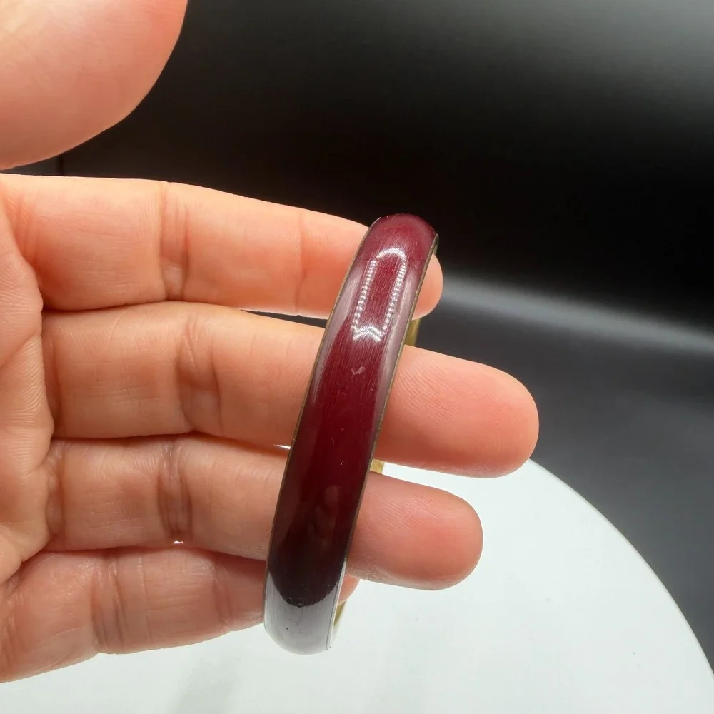 Burgundy Red Enamel Gold Tone Bangle Bracelet Stackable Boho Minimalist Gift